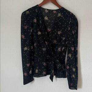 Boutique Black Floral Long Sleeve Wrap Blouse